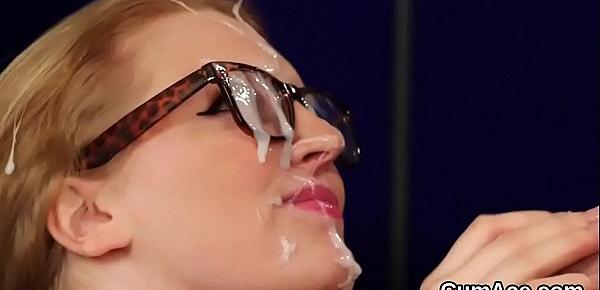  Unusual centerfold gets cum shot on her face eating all the jizm